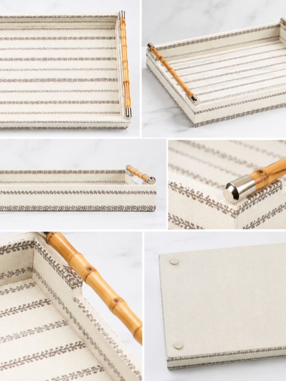 NWT Natia Faux Linen Tray with Bamboo Handles